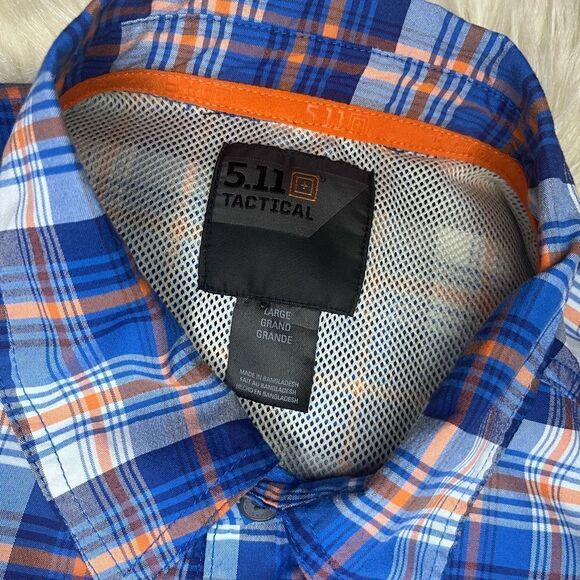 5.11 Tactical blue/orange/white plaid casual pearl snap button down sz Large - Picture 2 of 5